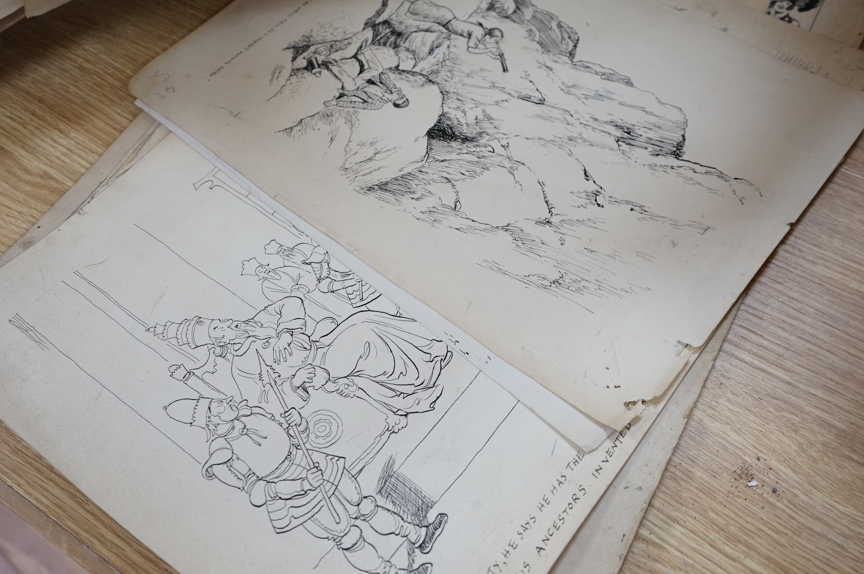A folio of cartoons, caricatures, cartoons and opera house designs, mostly by Edwin Morrow (Irish) and Norman Morrow, to include 'Caution Weir here', 'The Sublime Good Deed' and 'Bluff at the Garrick', with a collection
